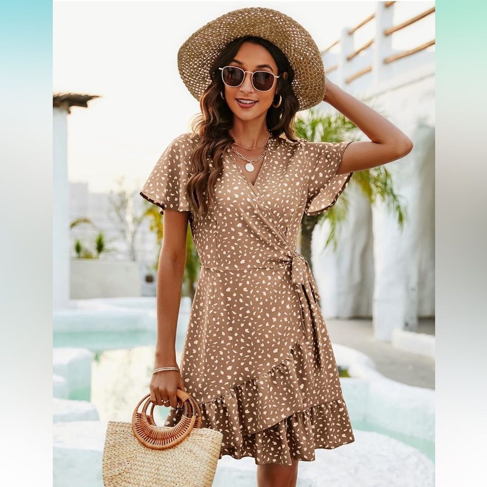 Summer Wrap V Neck Polka Dot Print Ruffle Floral Dress with Belt L